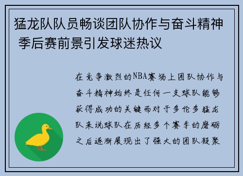 猛龙队队员畅谈团队协作与奋斗精神 季后赛前景引发球迷热议